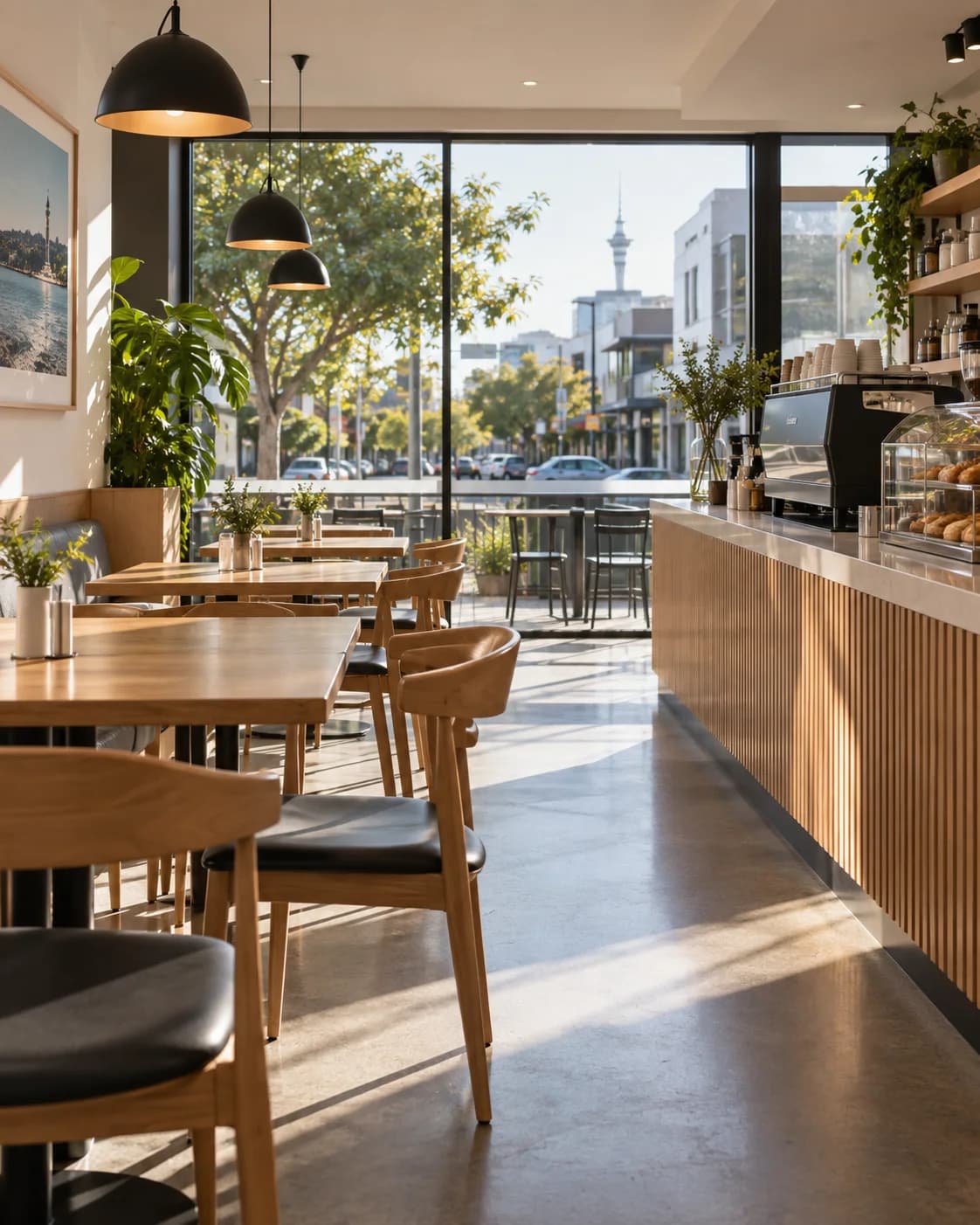 Clean café interior with tables set before opening
