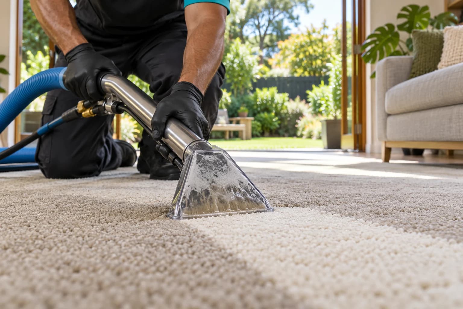 Black-gloved hands guiding an extraction wand across living room carpet