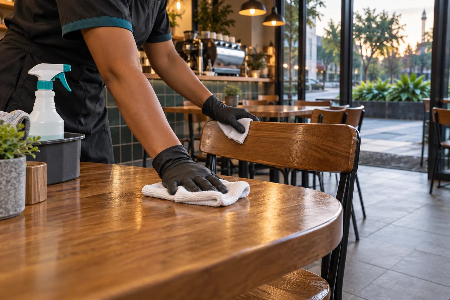 Black-gloved hands cleaning a cafe table and chair before opening
